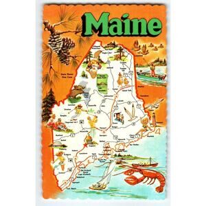 Greetings From Maine Map Postcard State Pine Cone Lobster Postcard Chrome Dexter